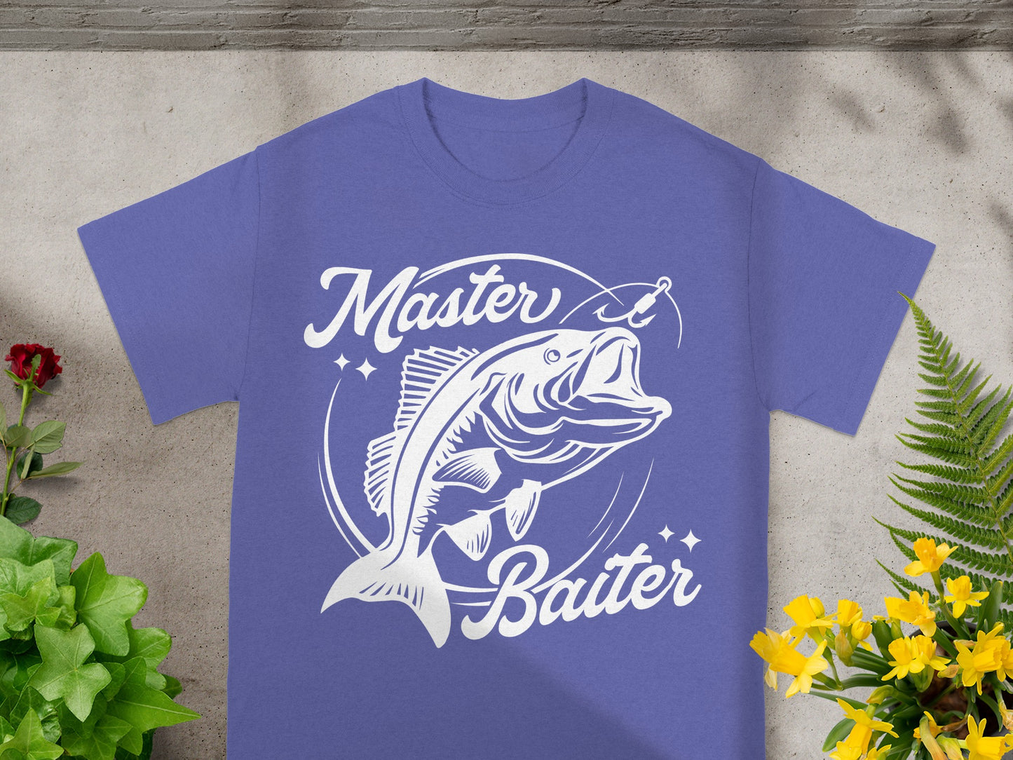 Purple t-shirt with white text "Master Baiter" and a jumping fish graphic.
