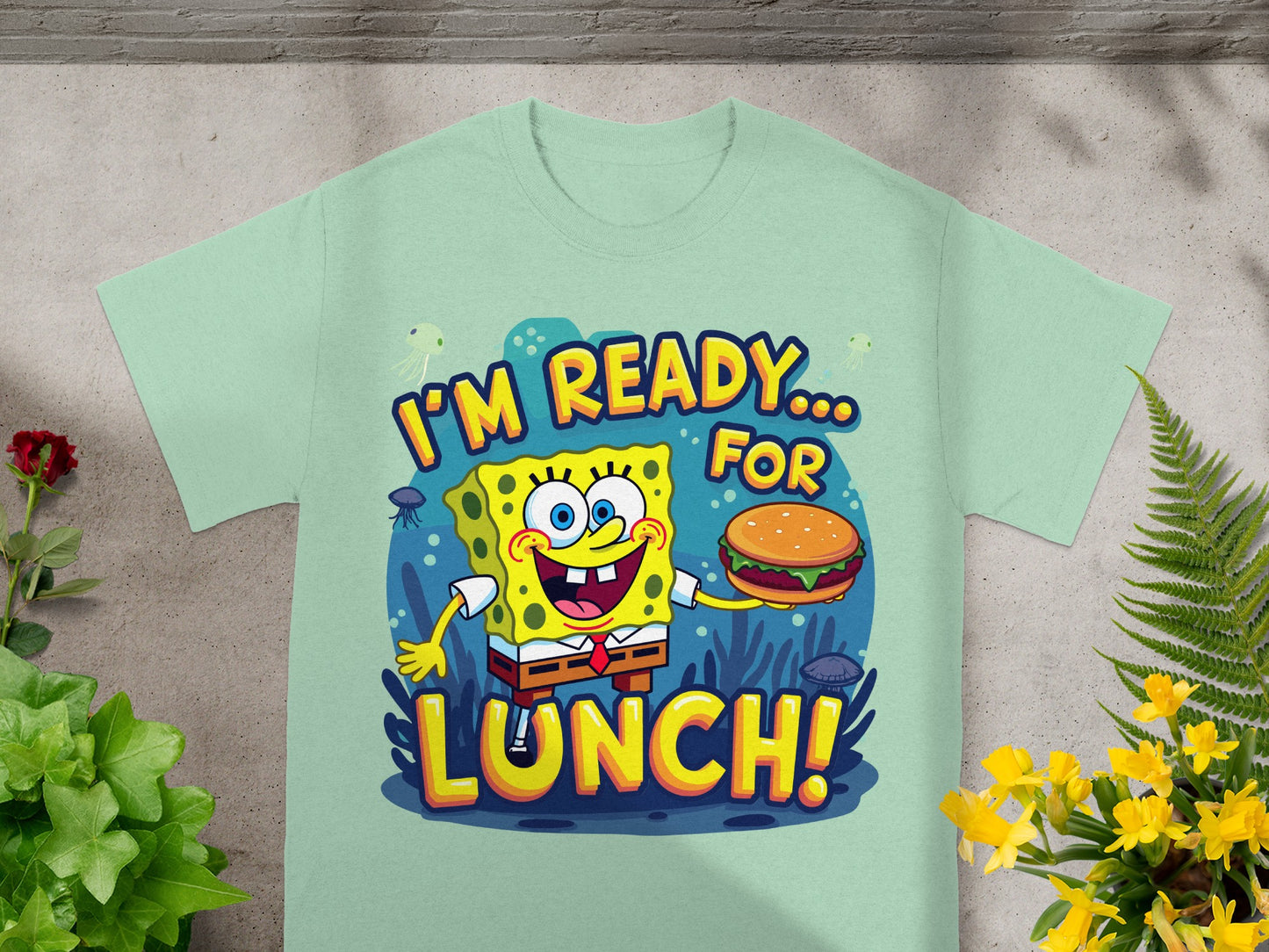 SpongeBob SquarePants holding a burger with text "I'M READY... FOR LUNCH!"