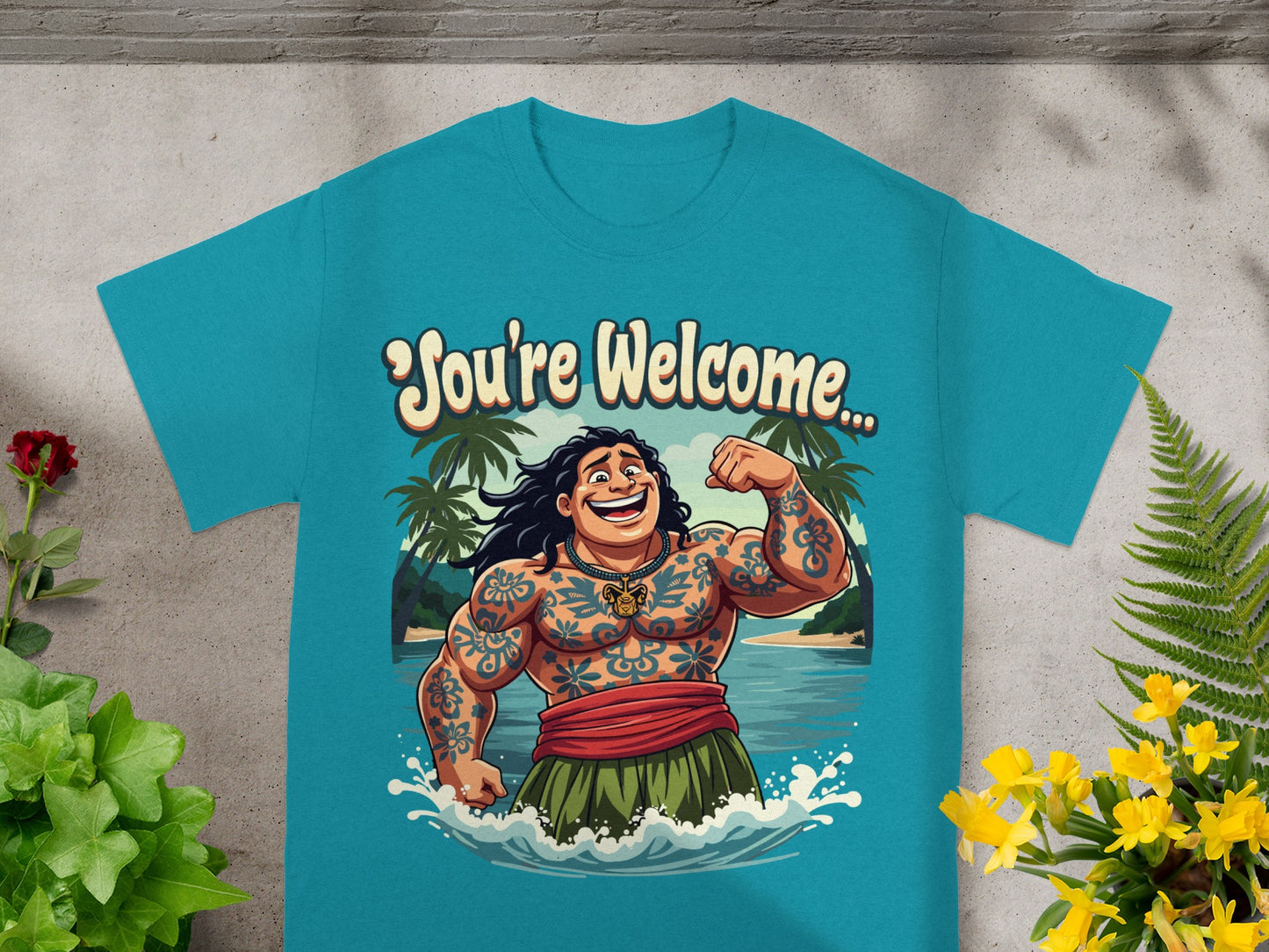 Cartoon character with tattoos flexes in water with text "You're Welcome..."