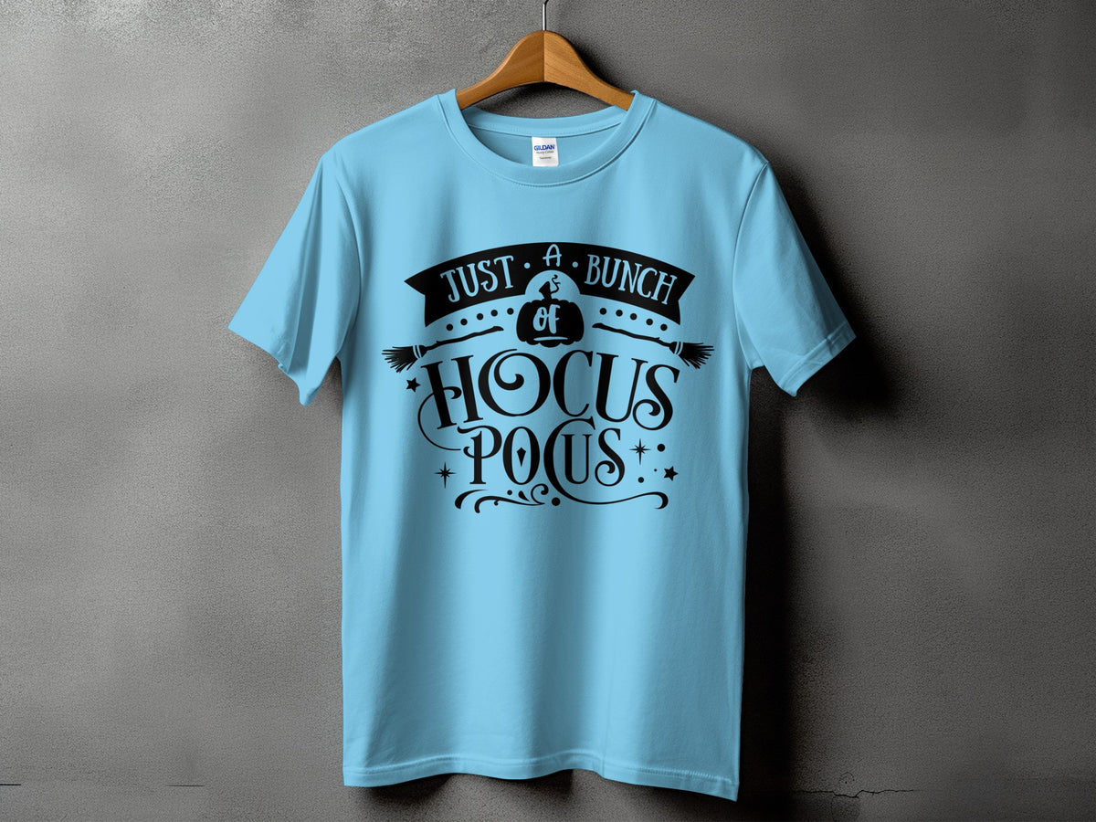 Light blue t-shirt with "Just A Bunch of Hocus Pocus" graphic.