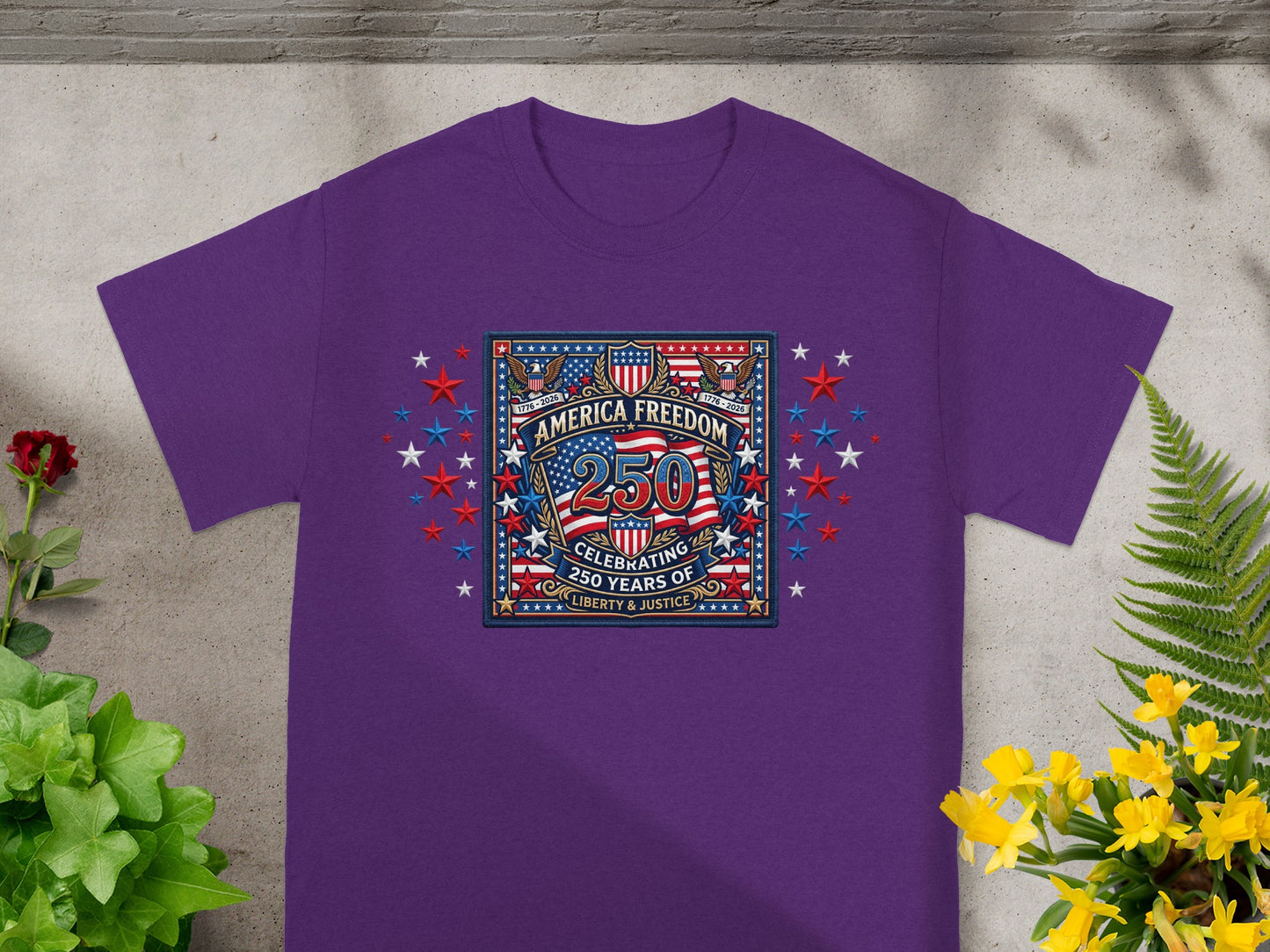 Purple t-shirt featuring a circular American flag emblem celebrating 250 years of freedom.