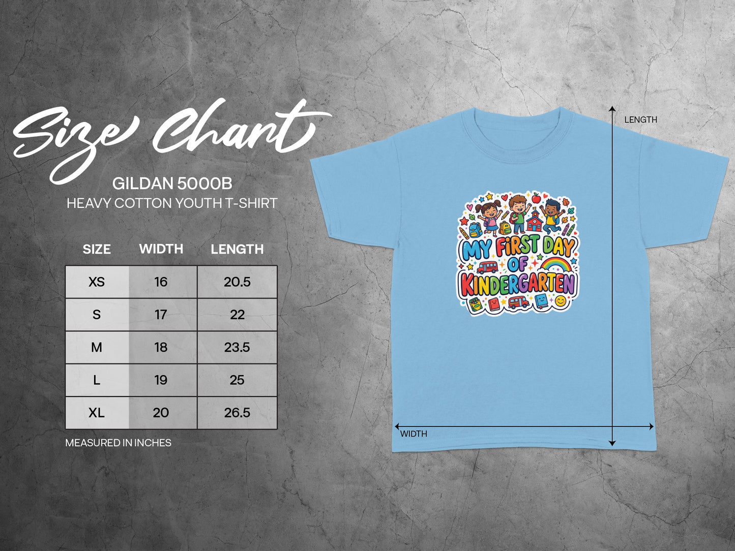 Gildan 5000B youth t-shirt size chart with width and length measurements in inches.