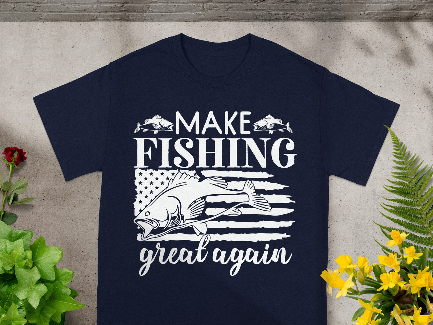 Navy t-shirt with "MAKE FISHING great again" text and fish graphic.