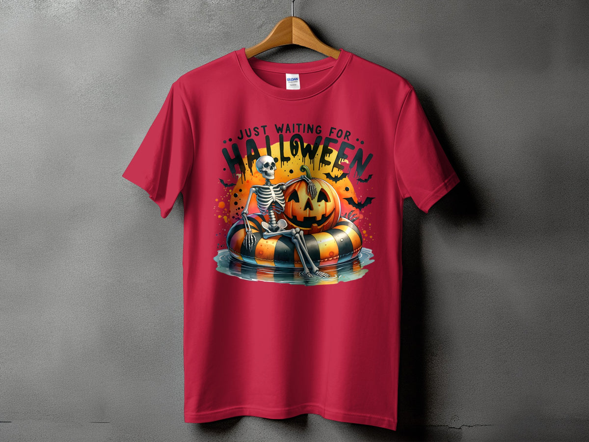 Red t-shirt with skeleton, pumpkin, and text "JUST WAITING FOR HALLOWEEN".