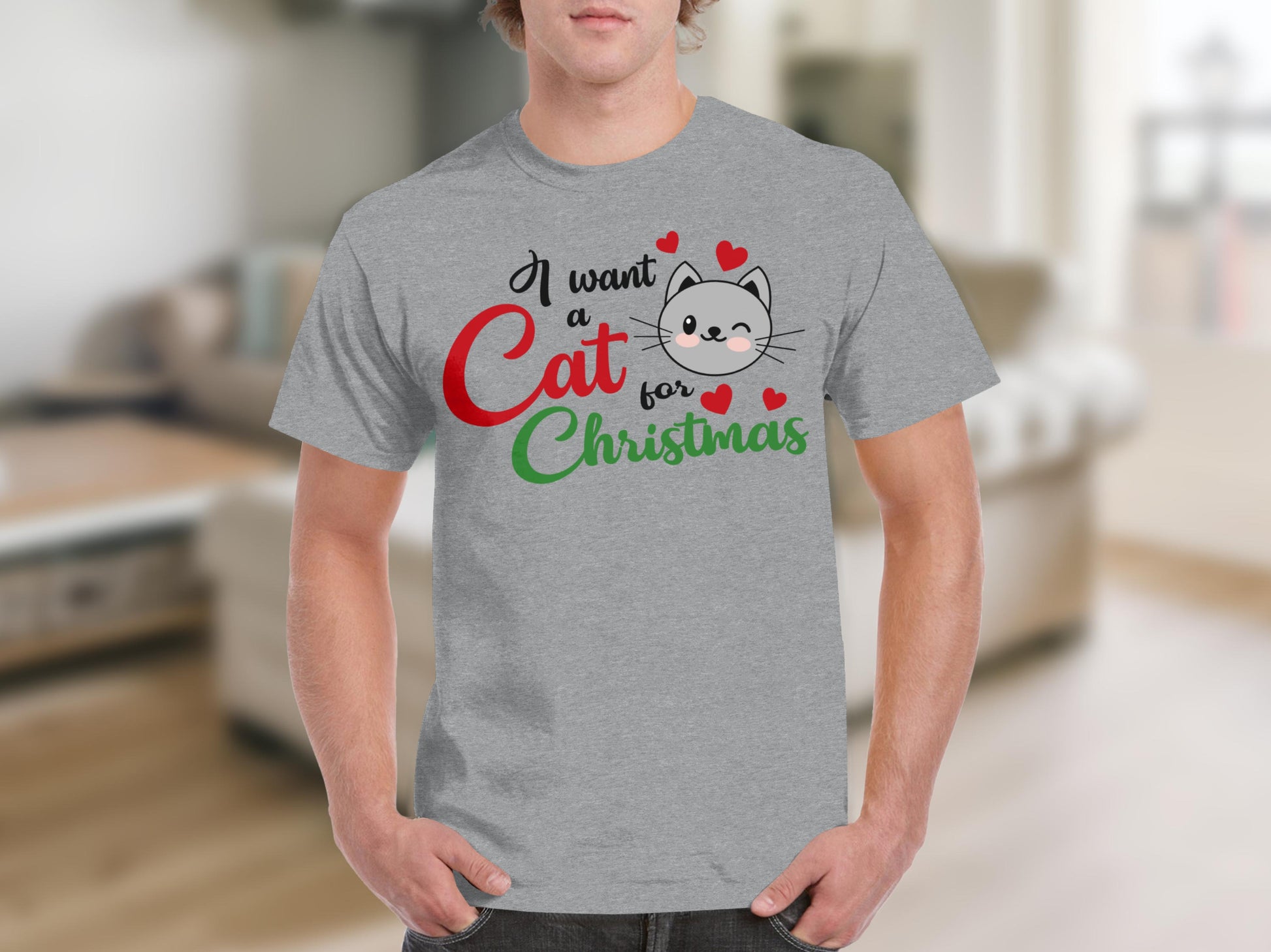 I Want a Cat for Christmas T-Shirt with Cute Cat Design