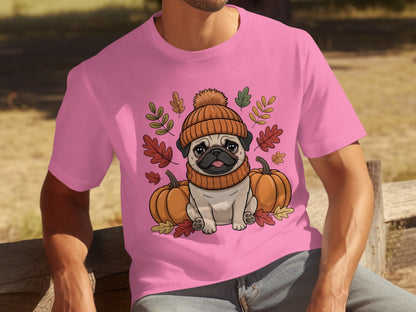 Cute Pug in Autumn Leaves Design Pink T-Shirt