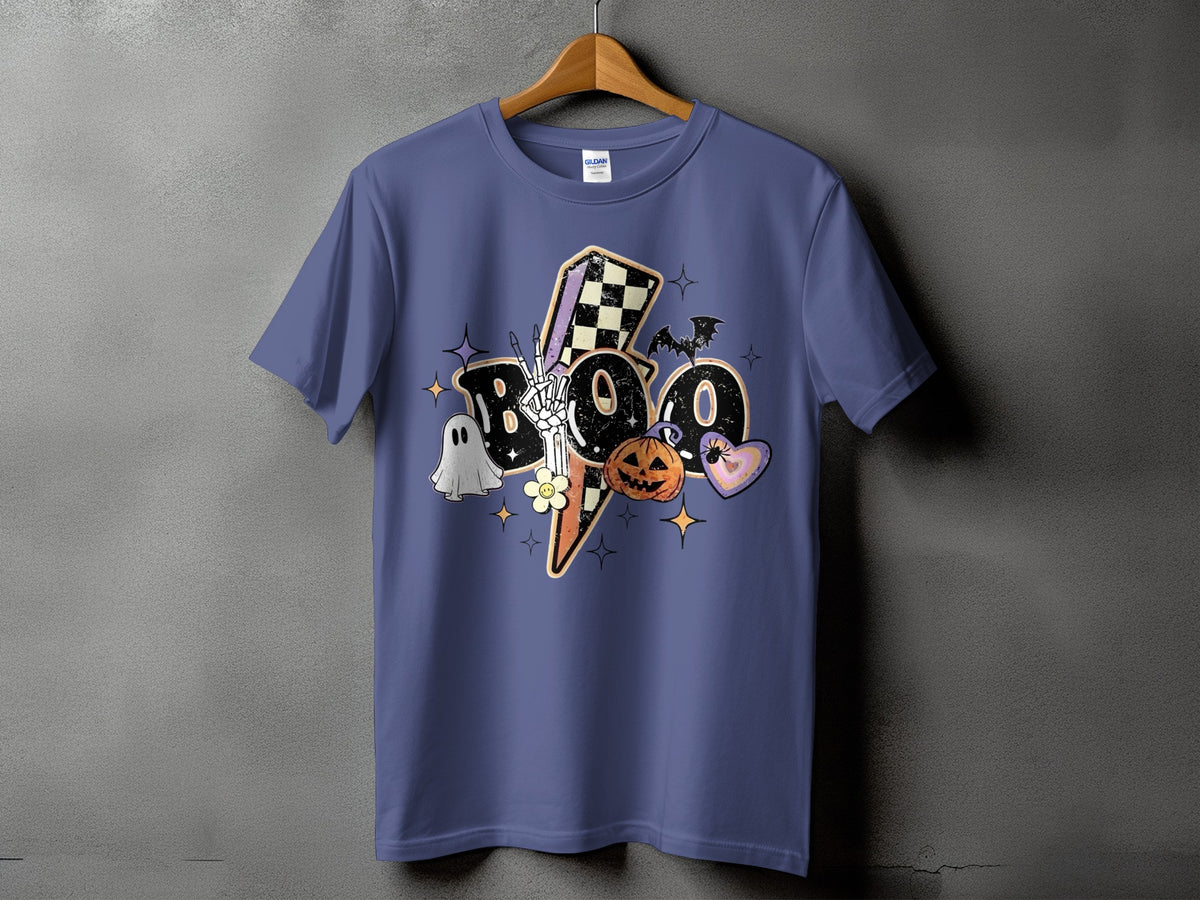 Purple t-shirt with "BOO" graphic featuring a ghost, skeleton hand, pumpkin, and heart.