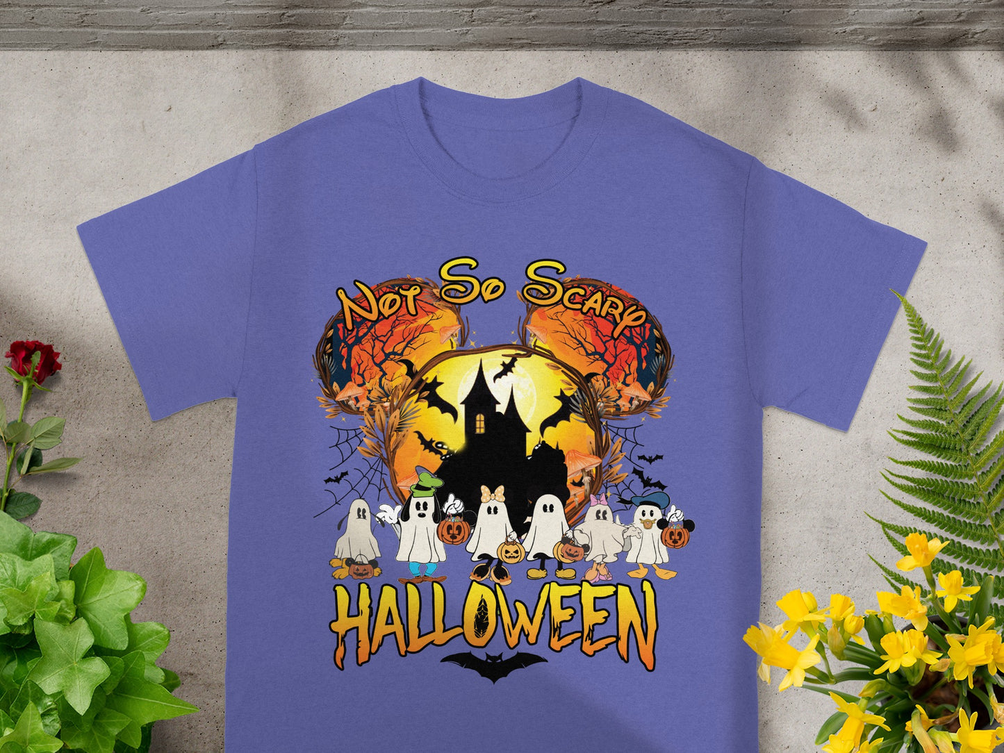 Purple t-shirt with "Not So Scary Halloween" and ghost characters.