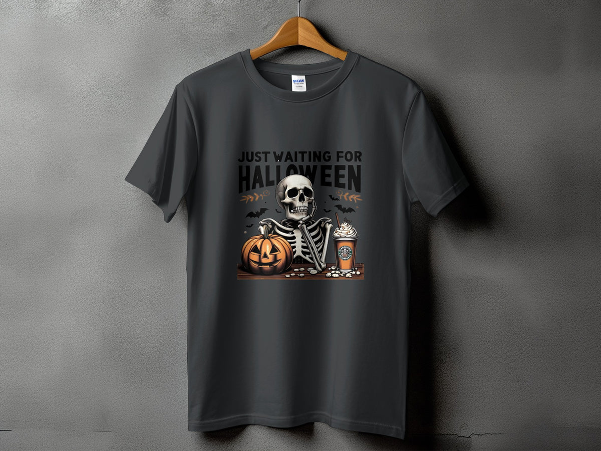 Dark gray t-shirt with skeleton, pumpkin, and coffee cup graphic.