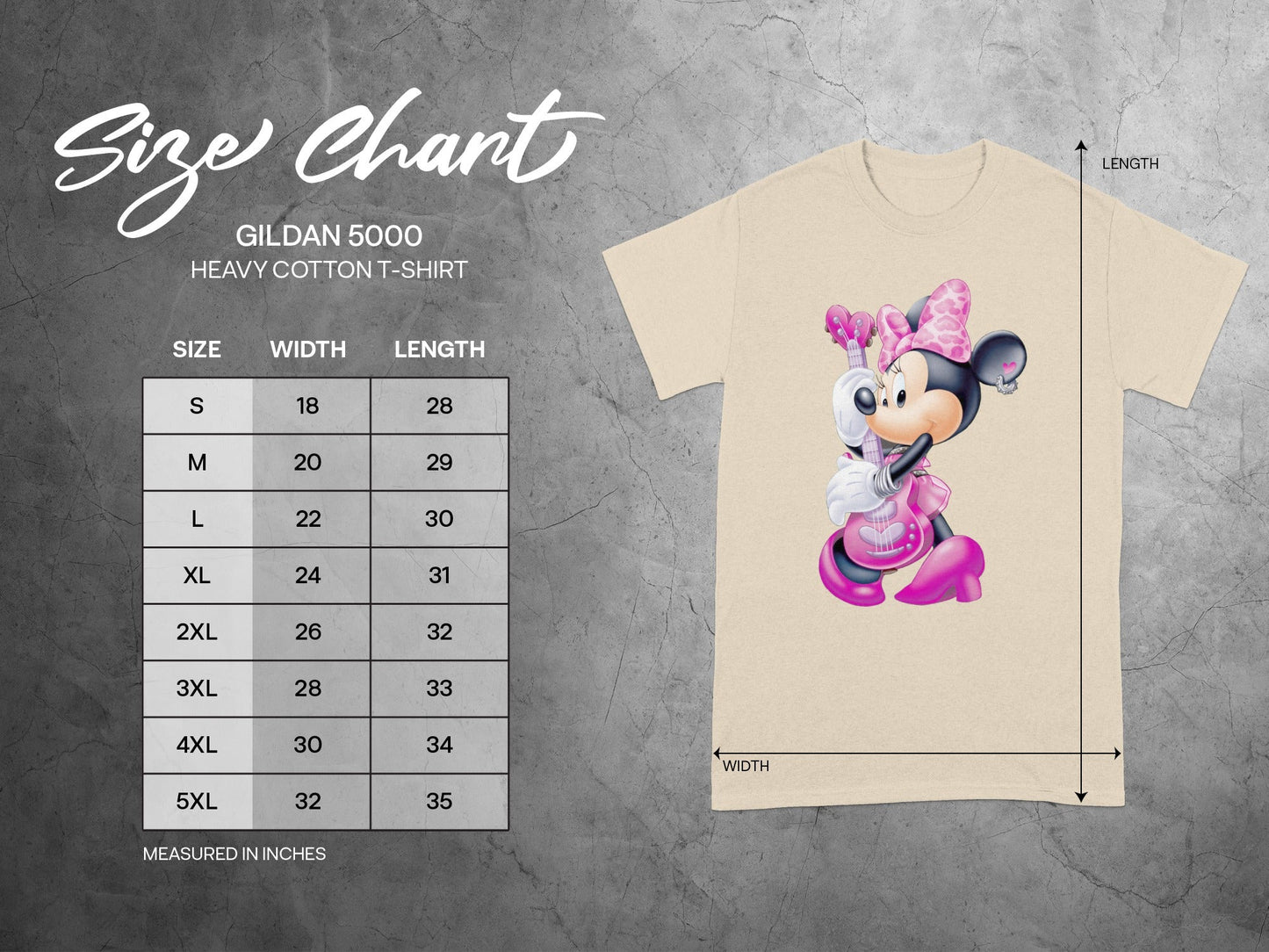 Gildan 5000 Minnie Mouse Guitar T-Shirt Size Chart product type