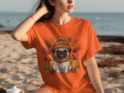 Cute Pug in Autumn Leaves with Beanie T-Shirt