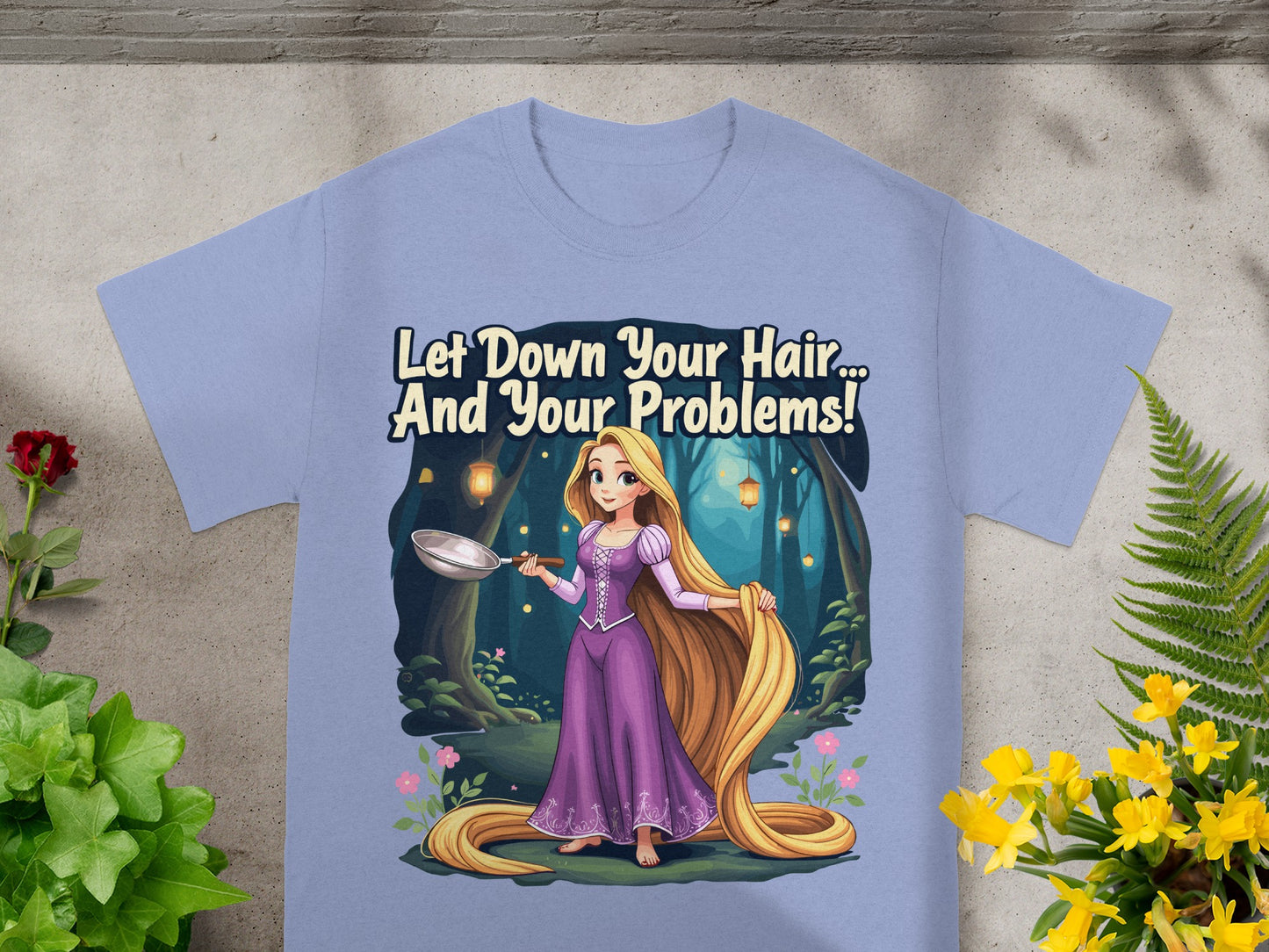 Tangled-inspired princess with long blonde hair on a lavender t-shirt.
