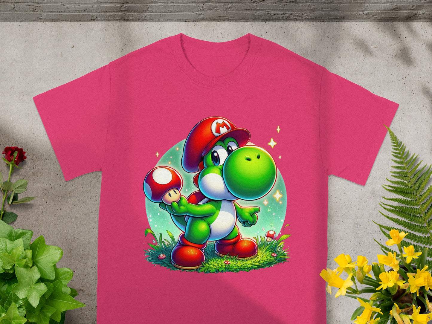 Pink t-shirt with Yoshi character holding a mushroom.