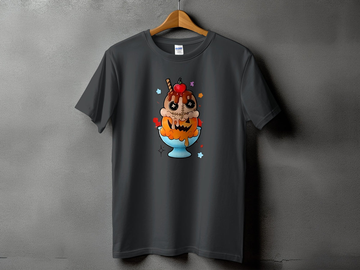 Dark gray t-shirt featuring a cartoon ice cream sundae with a jack-o'-lantern face.