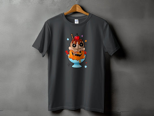 Dark gray t-shirt featuring a cartoon ice cream sundae with a jack-o'-lantern face.