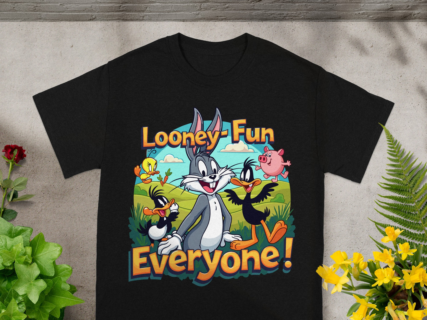 Looney Tunes characters Bugs Bunny, Daffy Duck, and Porky Pig with text "Looney Fun Everyone!"