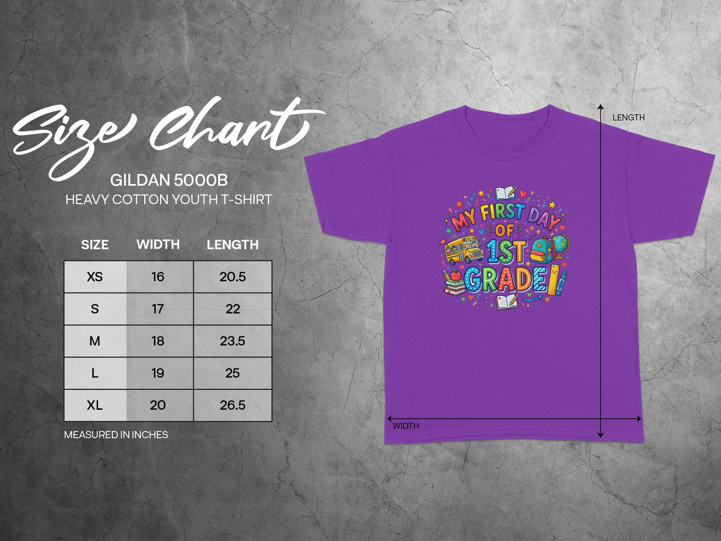 Purple Gildan 5000B youth t-shirt size chart and graphic.