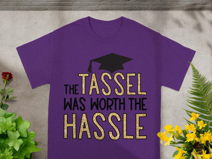 Purple t-shirt with "The Tassel Was Worth the Hassle" text and graduation cap.