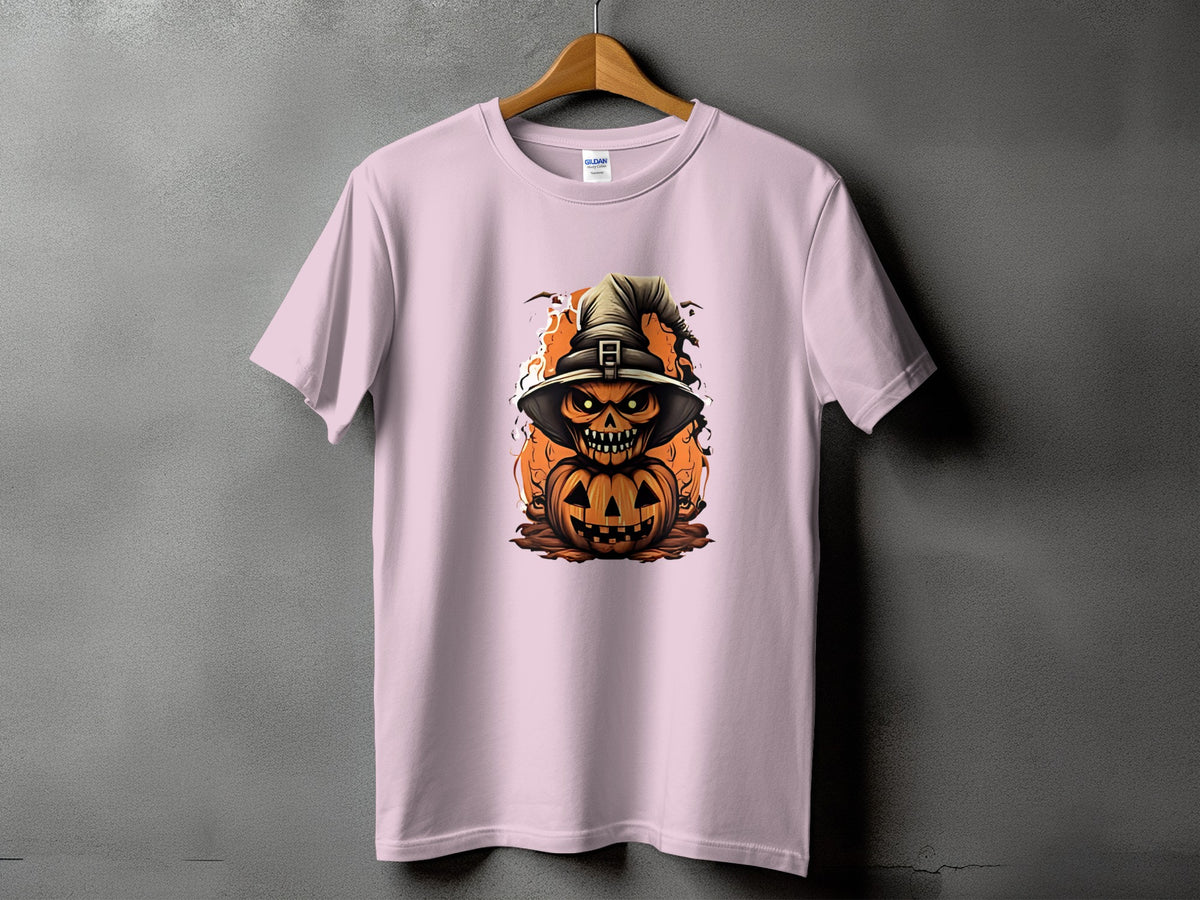 Pink t-shirt with stacked jack-o'-lantern illustration wearing a witch hat.