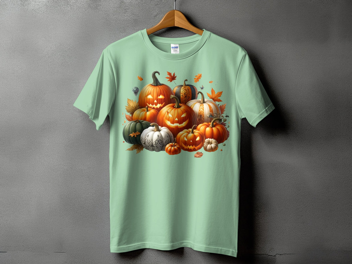 Mint green t-shirt with a cluster of carved and decorative pumpkins and autumn leaves.
