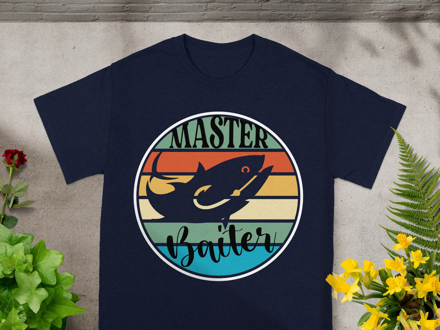 Navy t-shirt with fishing graphic "Master Baiter" in circle.