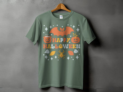 Green t-shirt with "Happy Halloween" text and a retro-style bat and spider graphic.