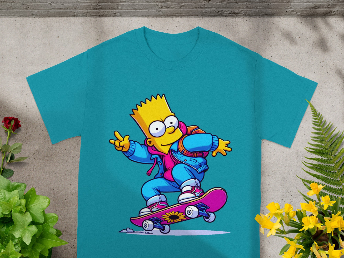 Turquoise t-shirt with Bart Simpson skateboarding, giving peace sign.