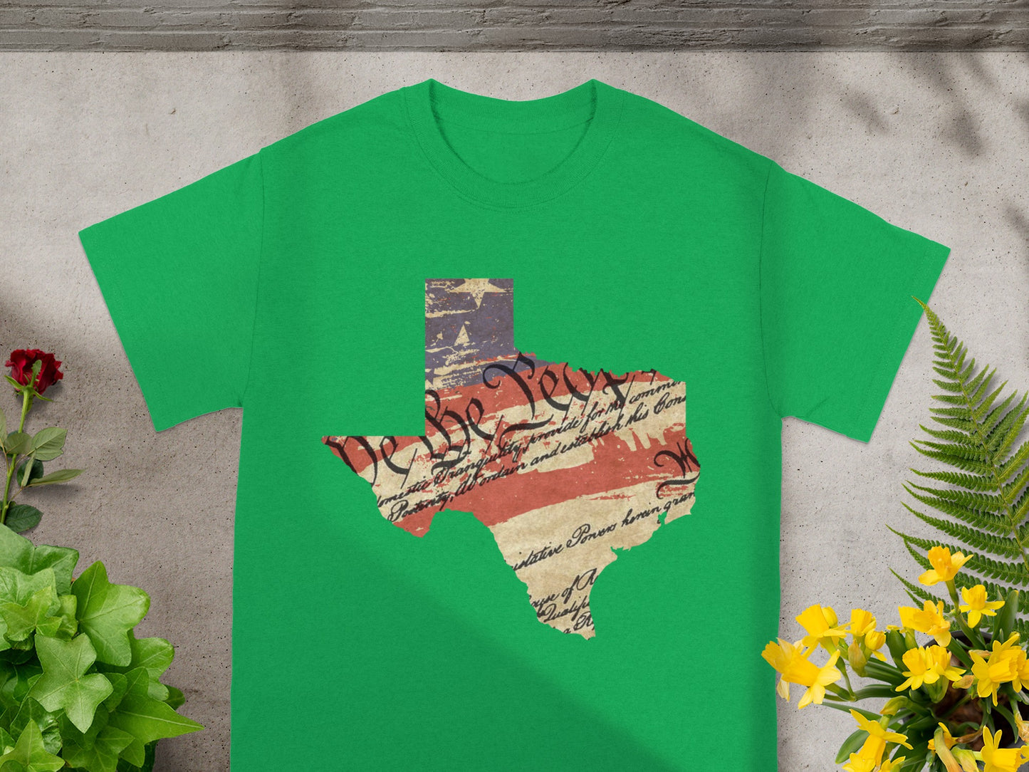 Green t-shirt with Texas shape featuring US Constitution text and flag.
