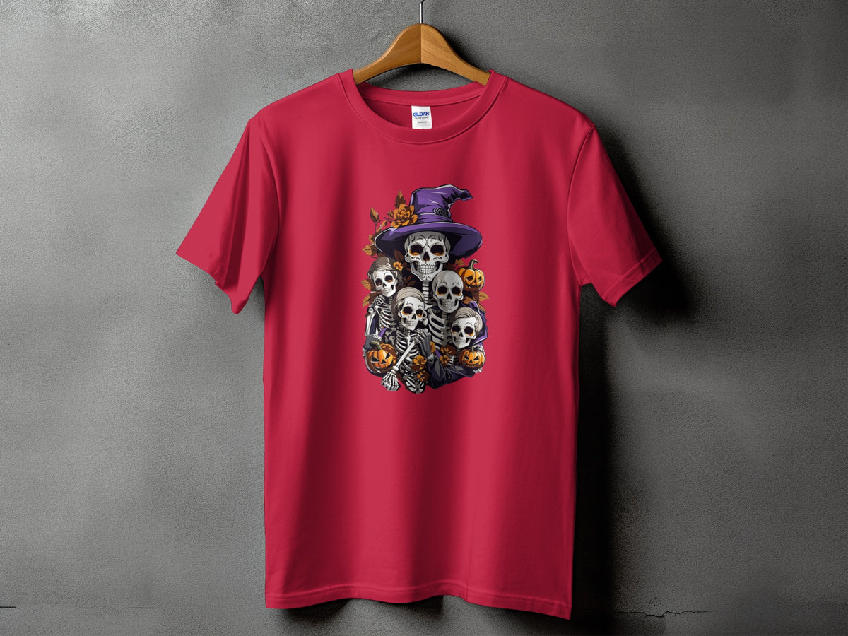 Red t-shirt with a Halloween skeleton graphic featuring a witch hat and pumpkins.