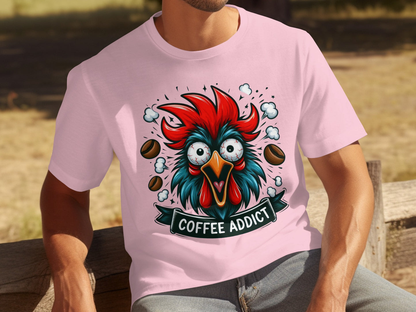 Coffee Addict Rooster Graphic Printed T-Shirt