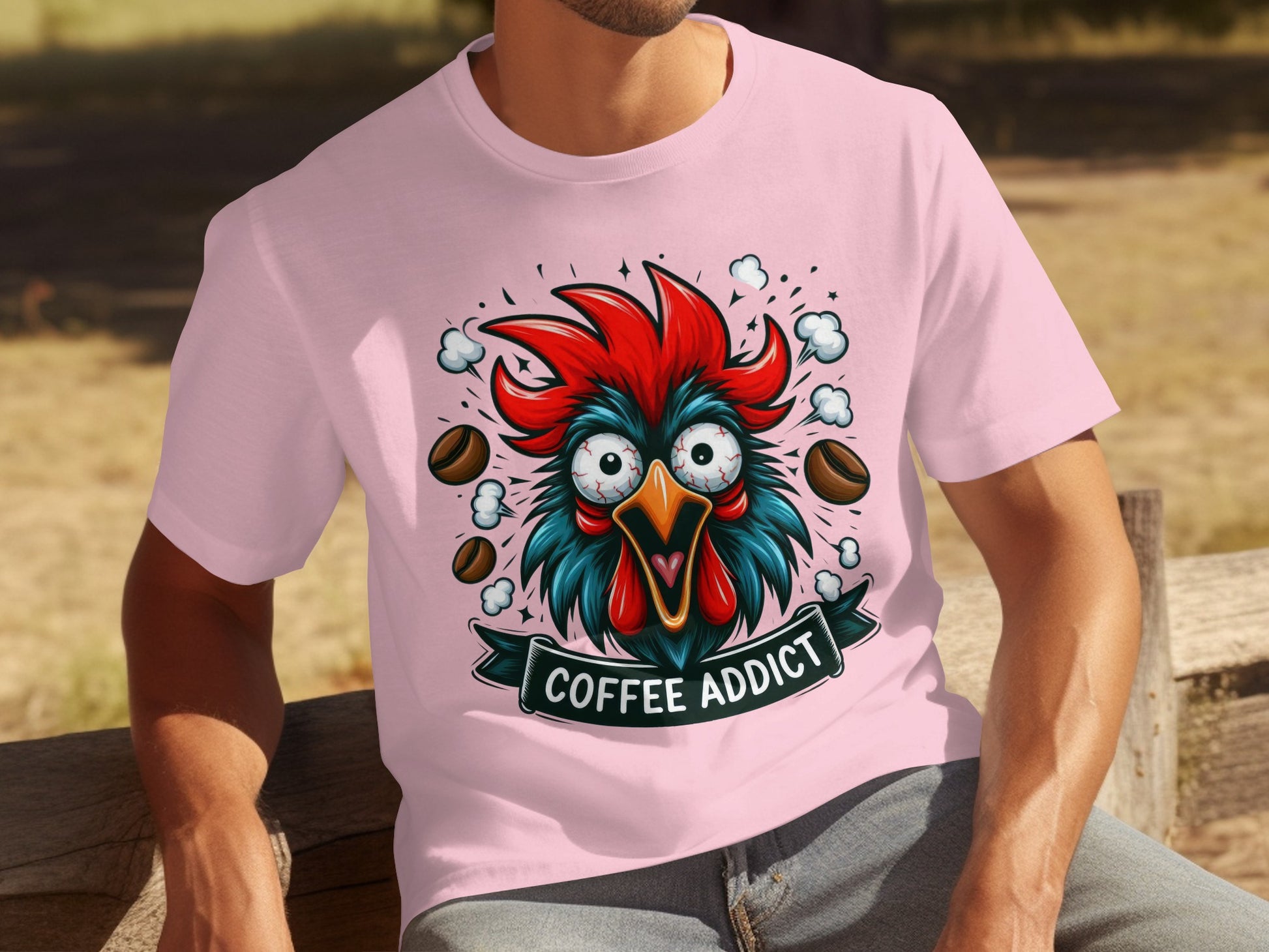 Coffee Addict Rooster Graphic Printed T-Shirt
