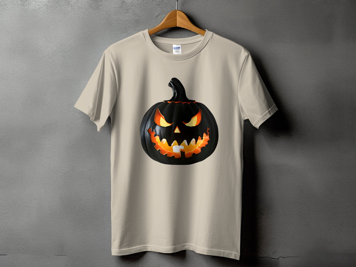 Light beige t-shirt with a scary black jack-o'-lantern graphic.