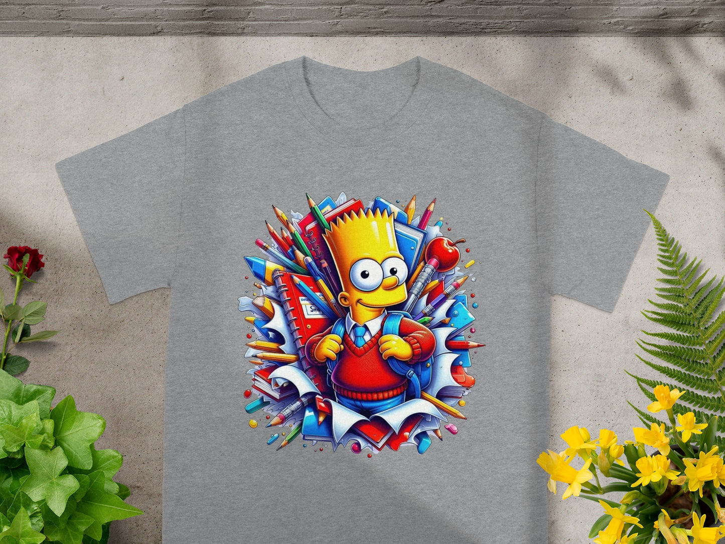 Bart Simpson wearing a red sweater and blue backpack, surrounded by school supplies.