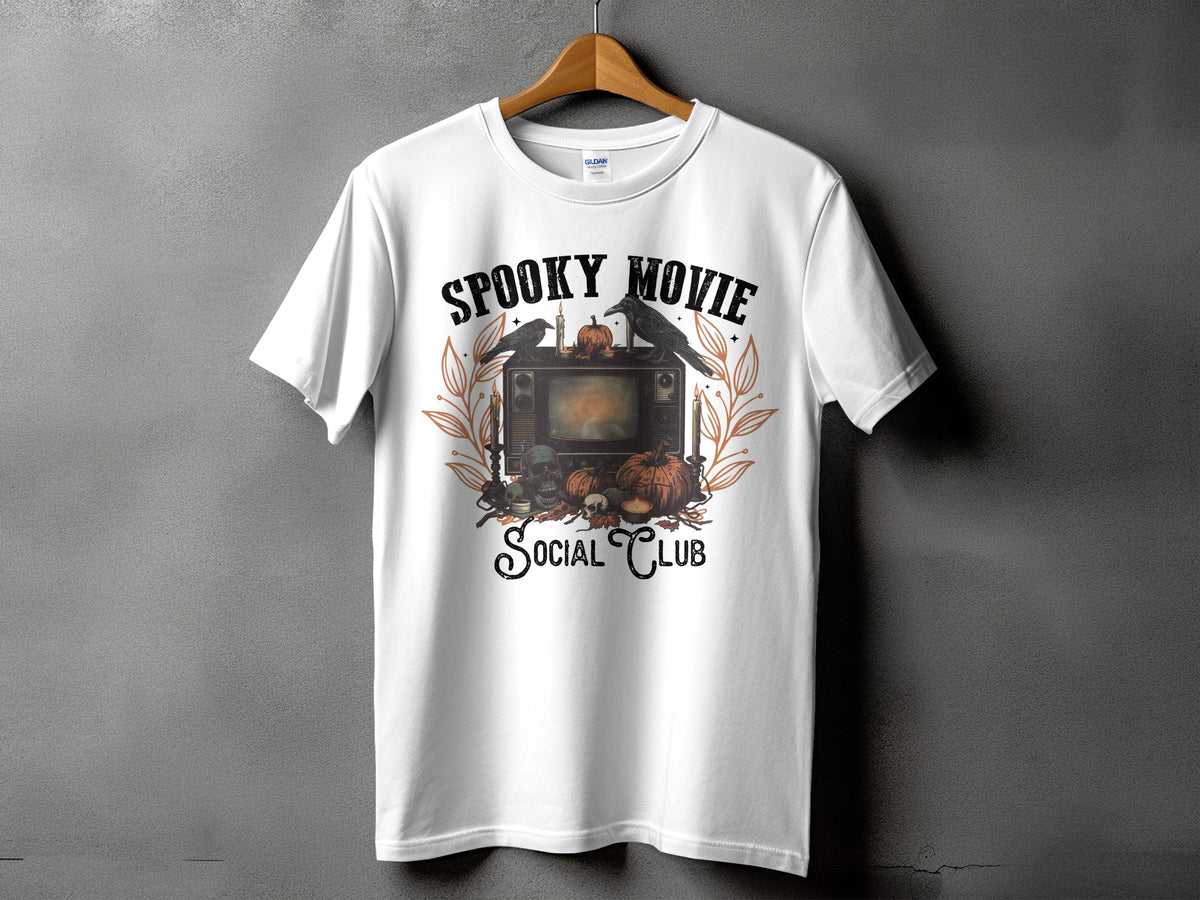 White t-shirt with "Spooky Movie Social Club" text and Halloween graphic.