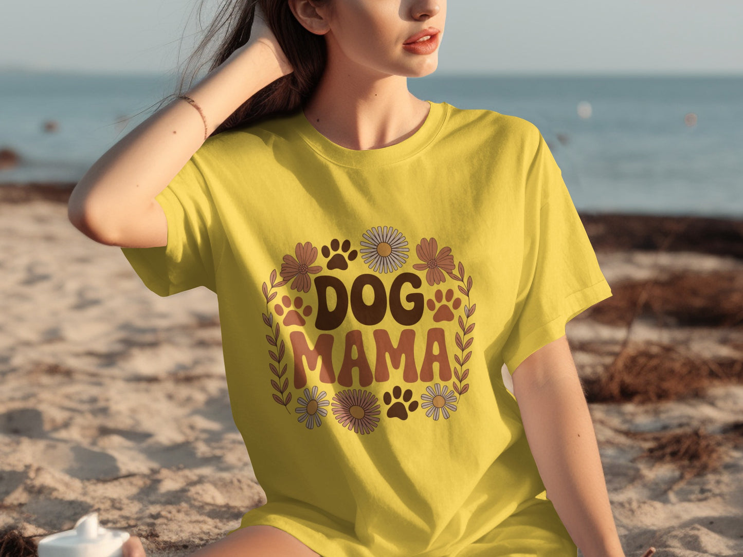 Dog Mama Graphic T-Shirt with Floral Paw Prints Design