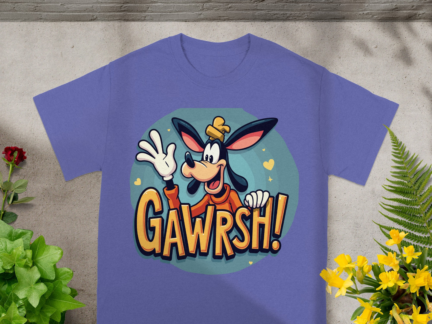 Purple t-shirt featuring Goofy cartoon character with "GAWRSH!" text.