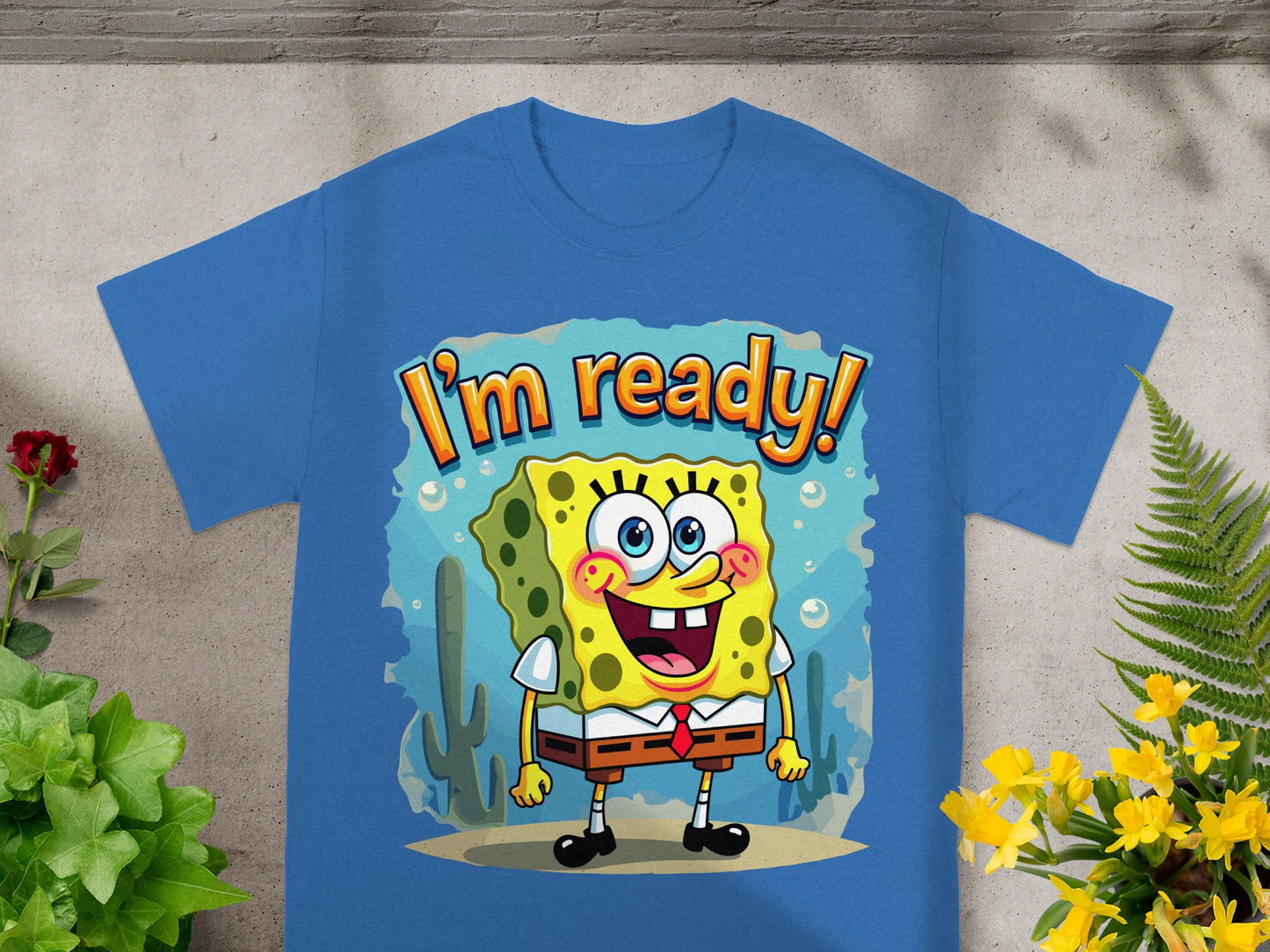 Blue t-shirt with Spongebob Squarepants character and "I'm ready!" text.