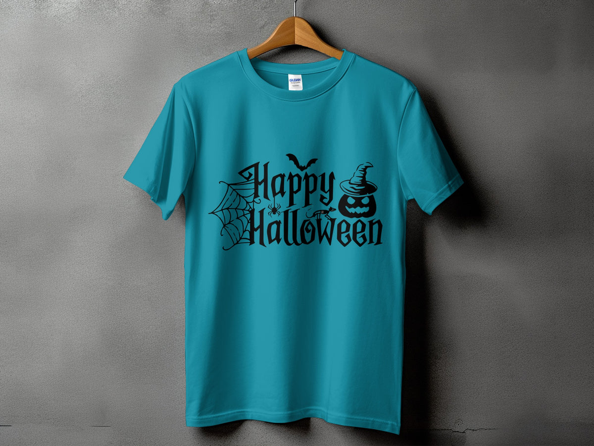 Teal t-shirt with black "Happy Halloween" text and graphics.