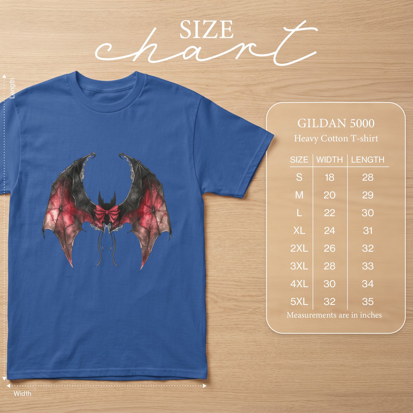 Blue t-shirt with gothic bat wings graphic and Gildan 5000 size chart.