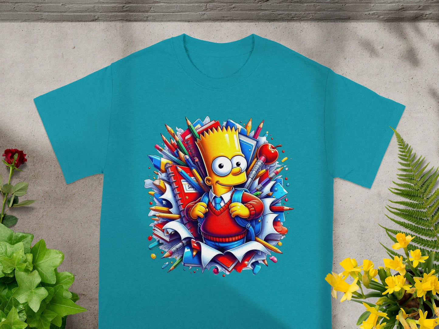 Bart Simpson in school uniform surrounded by colorful pencils and school supplies.