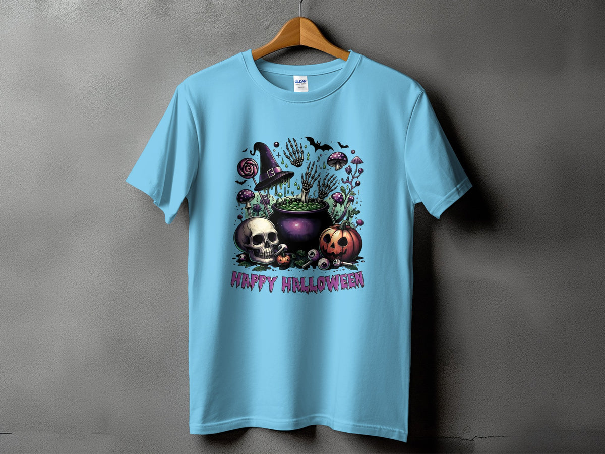 Light blue t-shirt with Halloween graphic featuring skull, pumpkin, cauldron, and text.