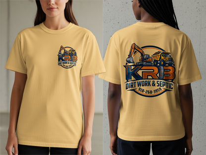 Yellow t-shirt with KRB Dirt Work & Septic logo featuring construction vehicles.