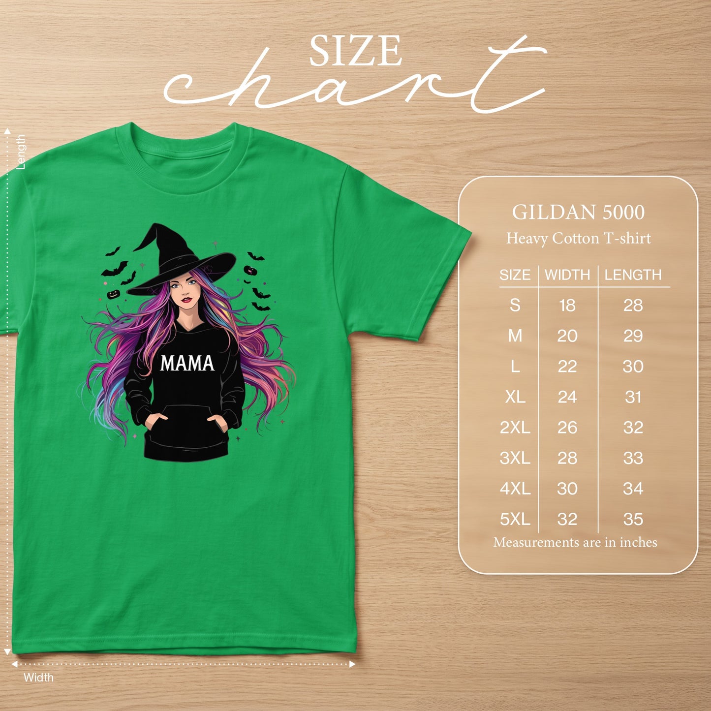 Green t-shirt with witch graphic and "MAMA" text, with GILDAN 5000 size chart.