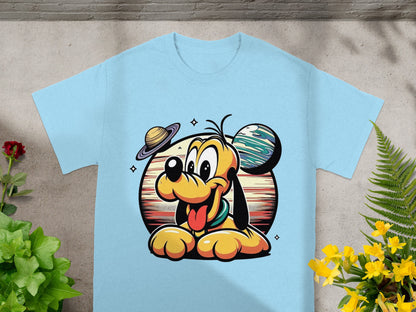 Cartoon Pluto character with planets and stars on a light blue t-shirt.