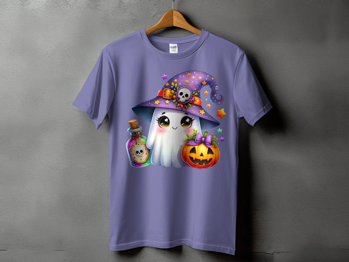 Ghost, potion, and jack-o'-lantern Halloween graphic on a lavender t-shirt.