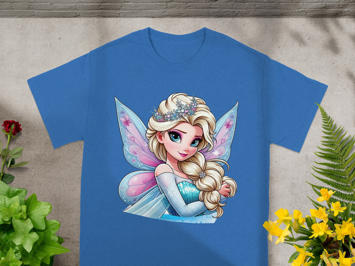 Blue t-shirt with Elsa from Frozen wearing a sparkly crown and wings.