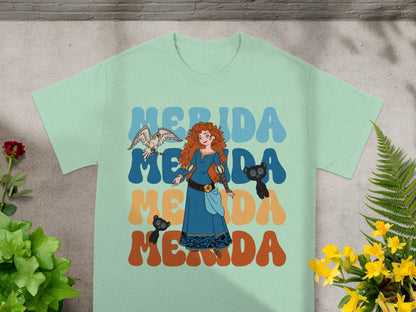 Merida from Brave with blue and orange text, framed by plants.