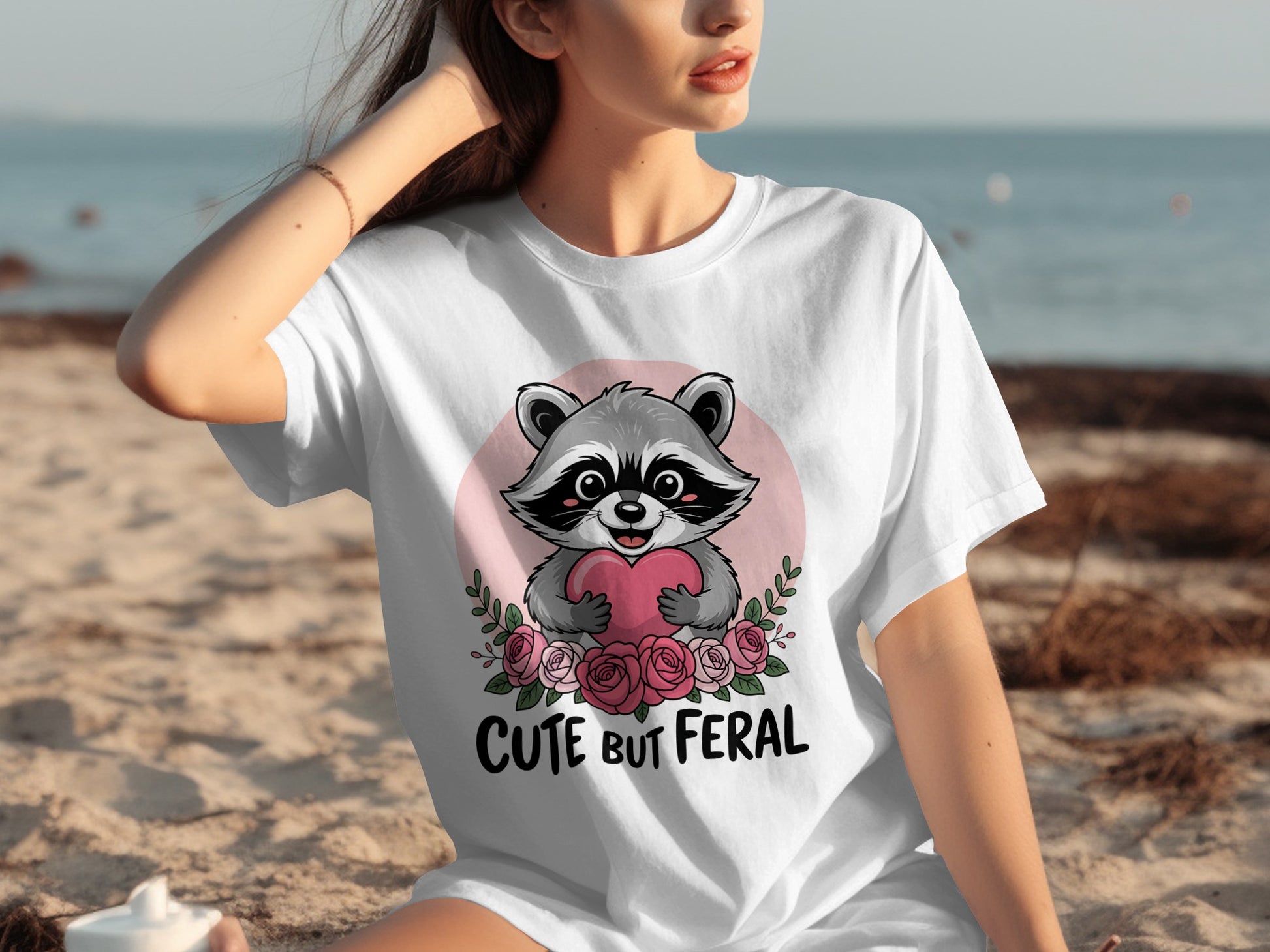 Cute But Feral Raccoon Graphic Design T-shirt