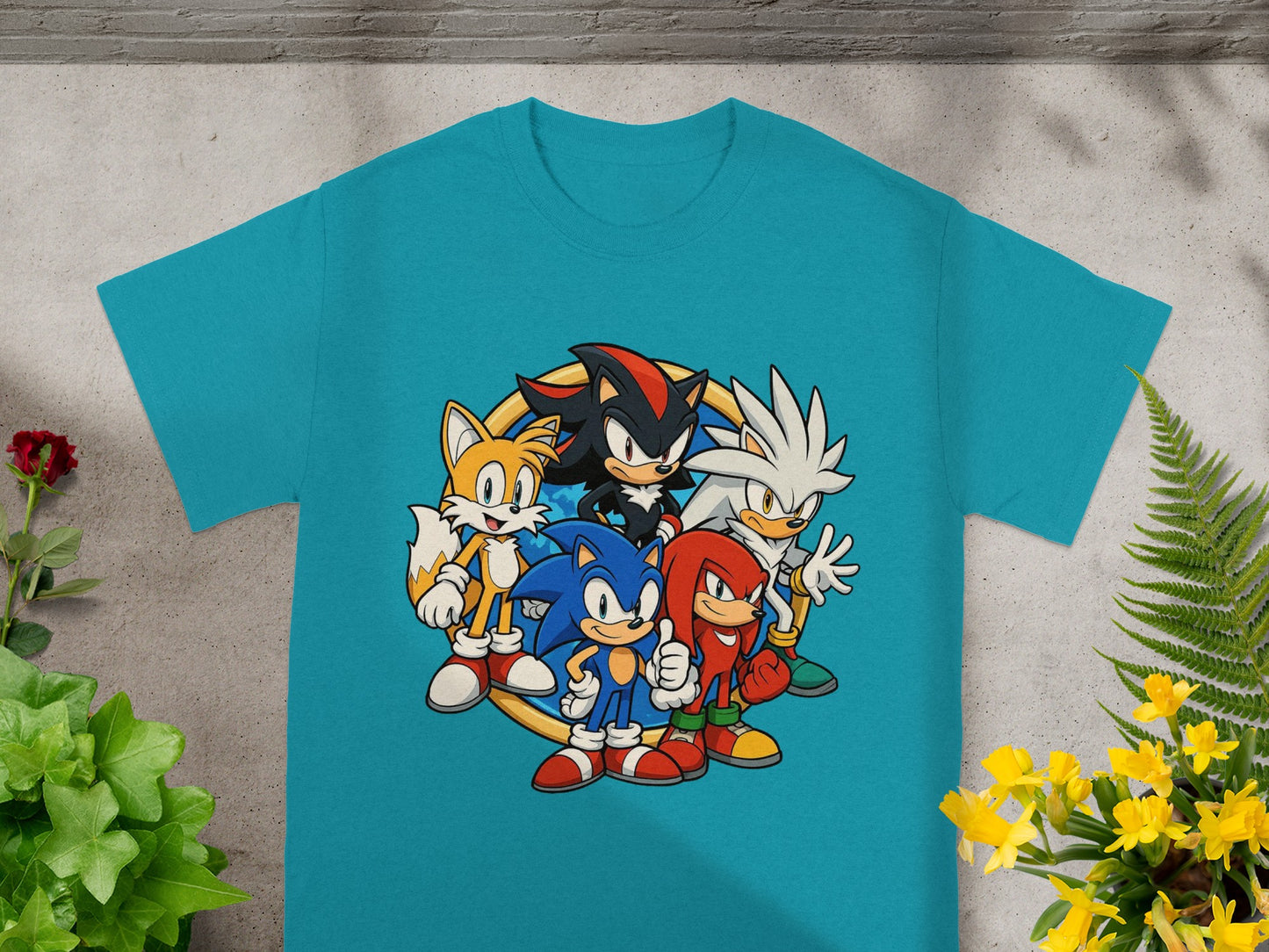 Sonic the Hedgehog and friends graphic t-shirt.