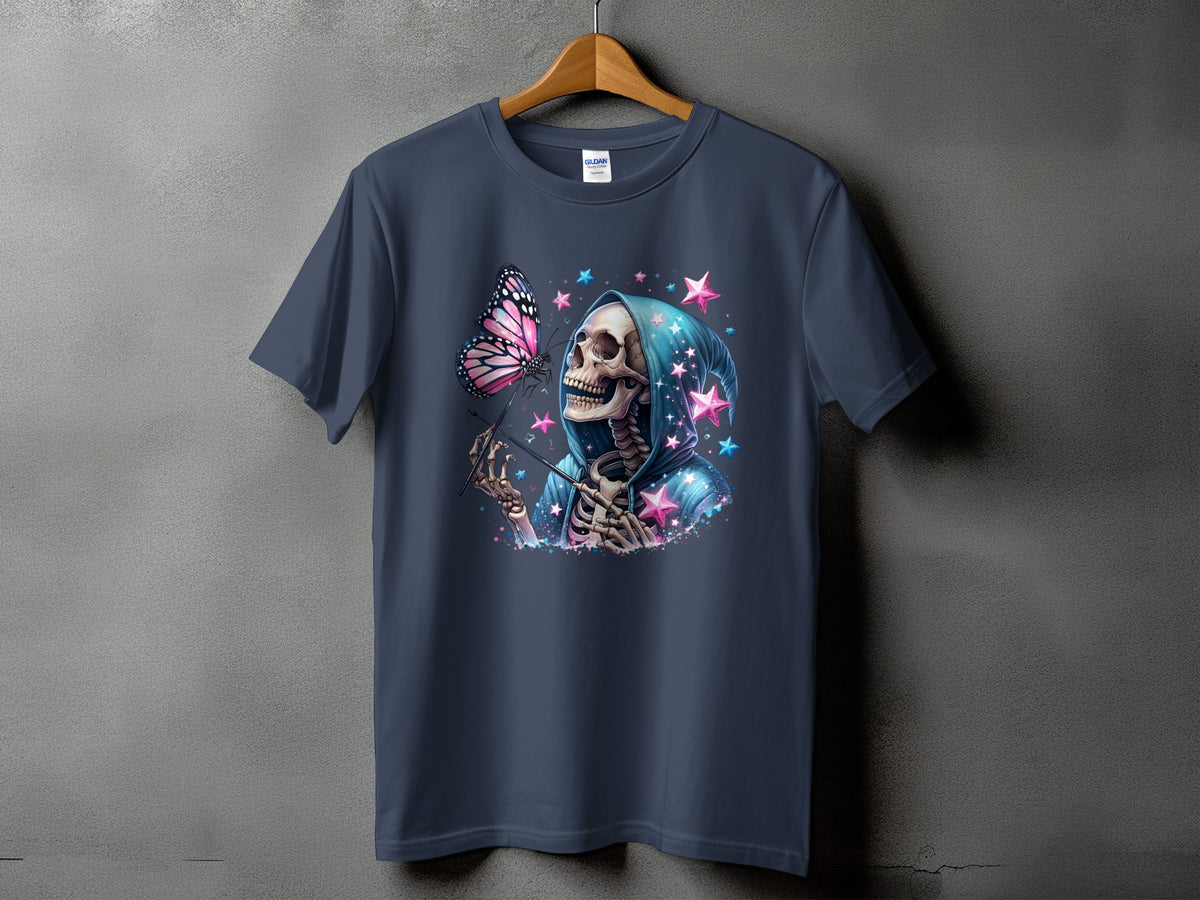 Dark blue t-shirt with skeleton wearing hooded robe and holding butterfly.